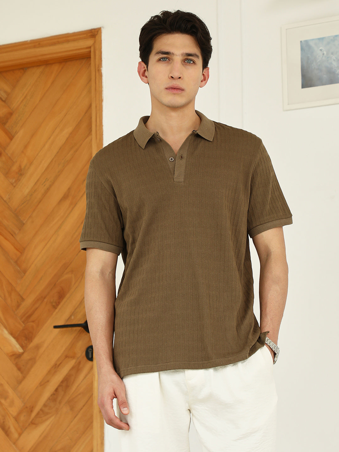Brown Textured Polo T-shirt - Poly Spandex Blend