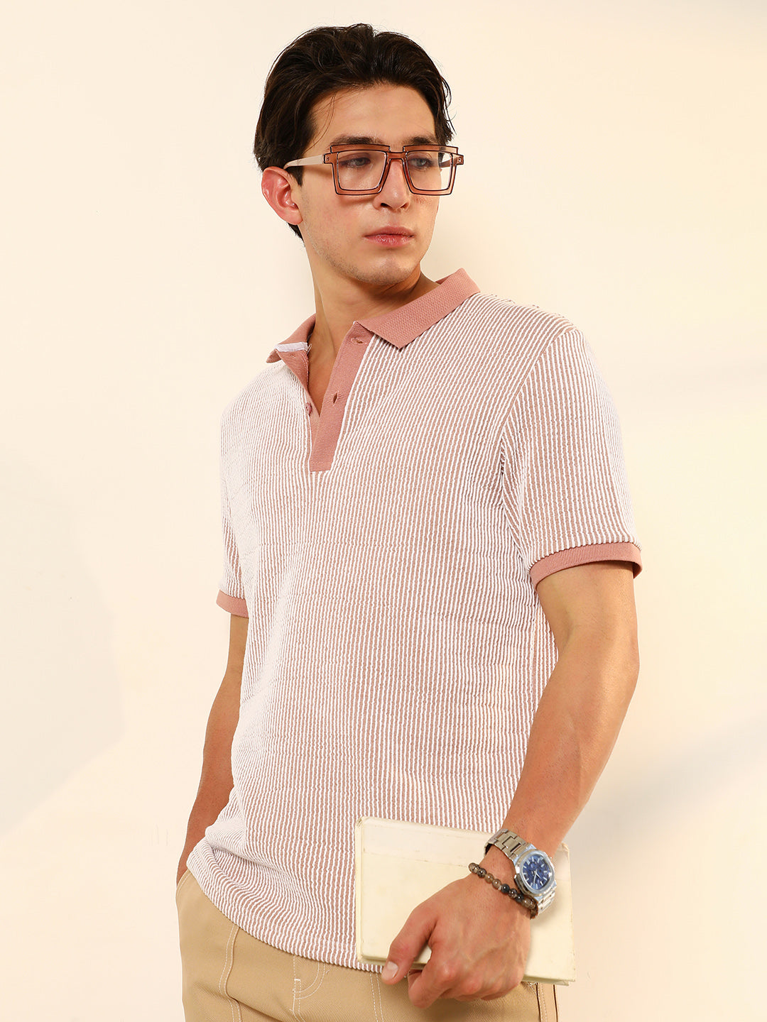 Seersucker-Striped Polo T-Shirt