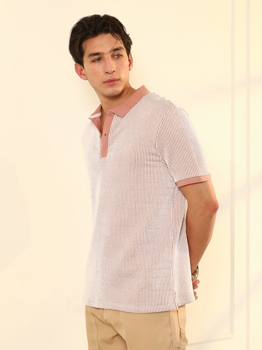 Seersucker-Striped Polo T-Shirt