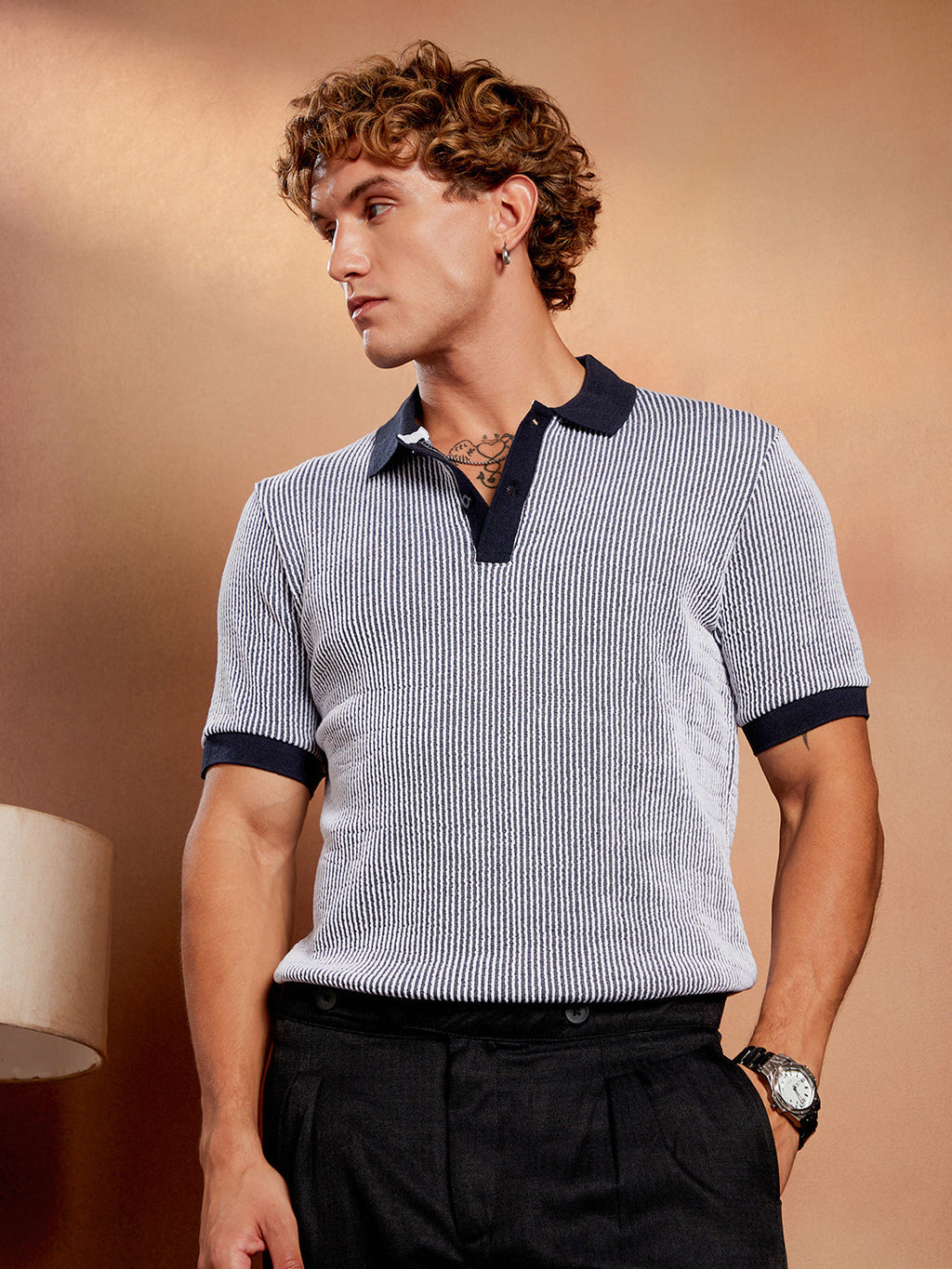 Contrast-Seersucker Polo T-Shirt