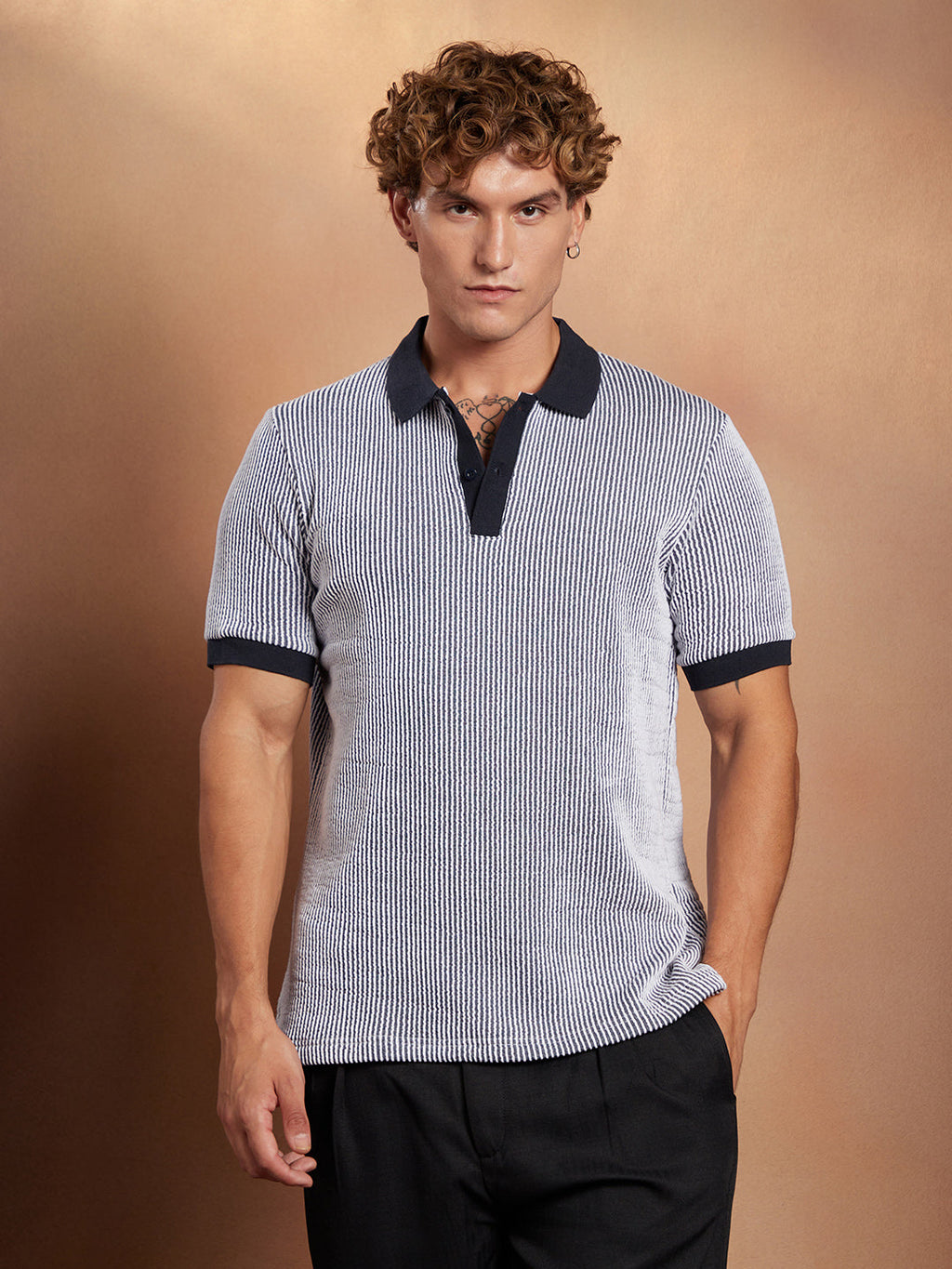 Contrast-Seersucker Polo T-Shirt