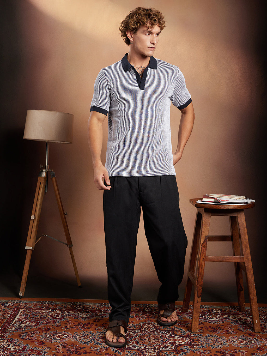 Contrast-Seersucker Polo T-Shirt