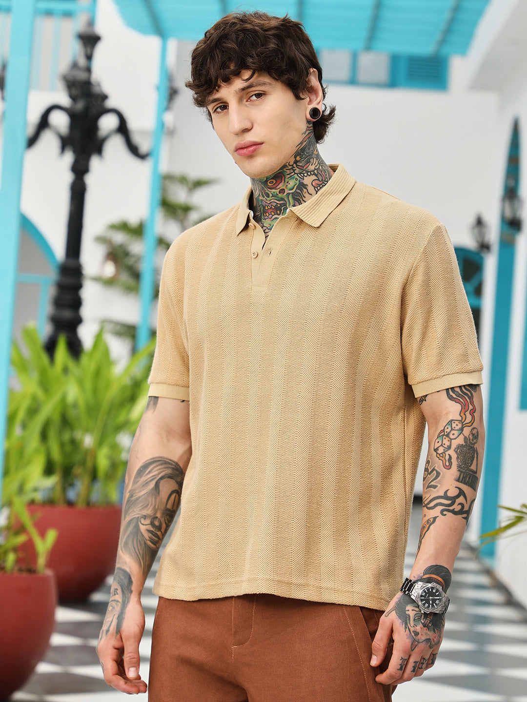 Candy Stripe-Knitted Polo T-Shirt