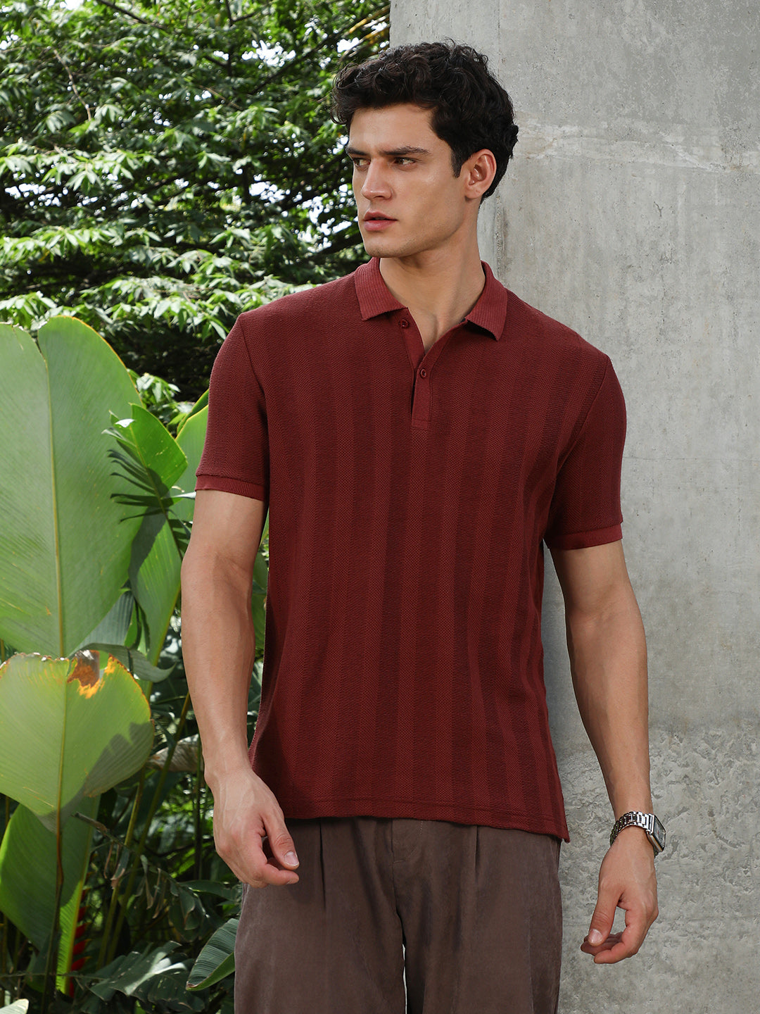 Rust Red Candy Stripe-Knitted Polo T-Shirt