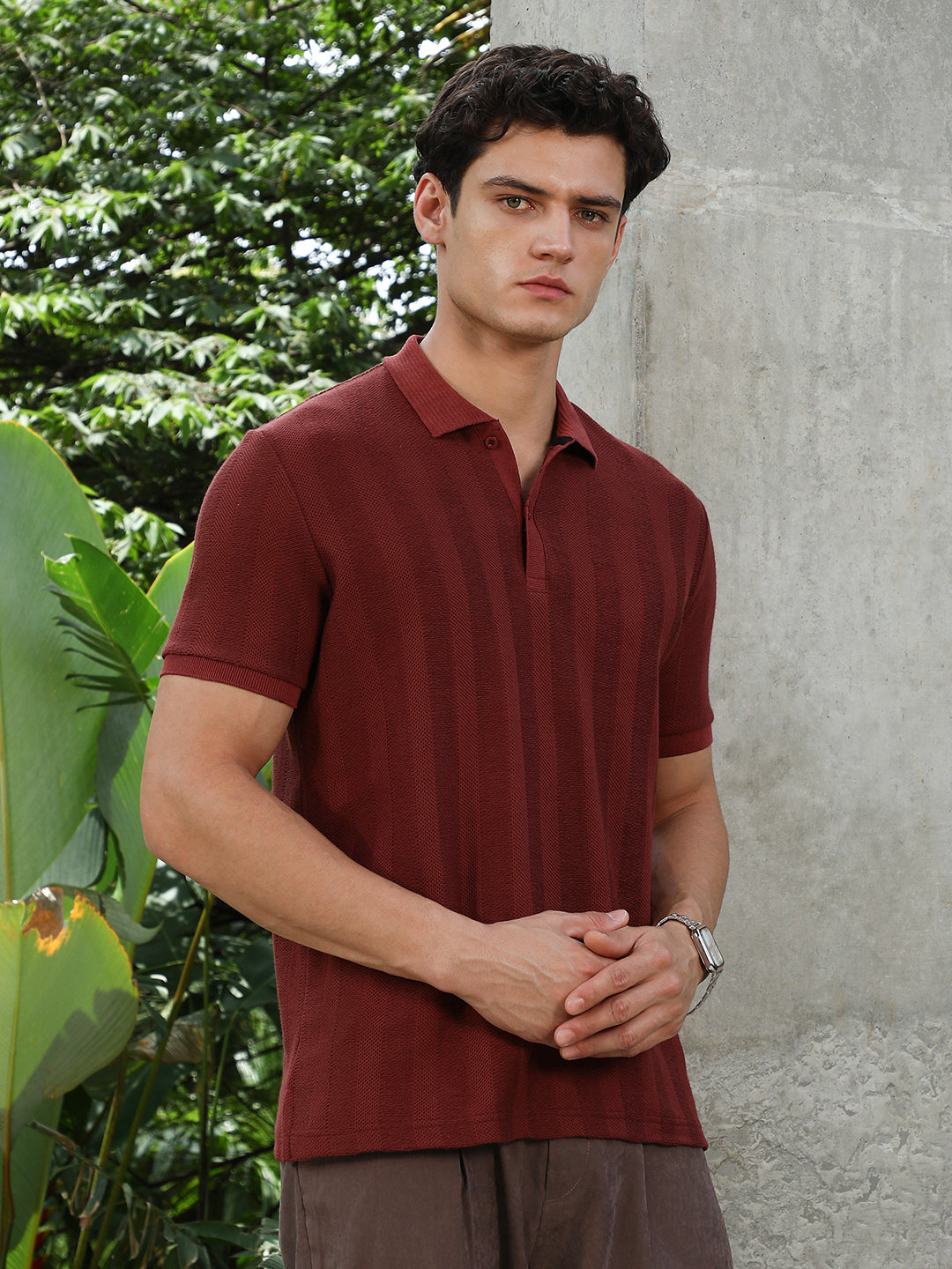 Rust Red Candy Stripe-Knitted Polo T-Shirt