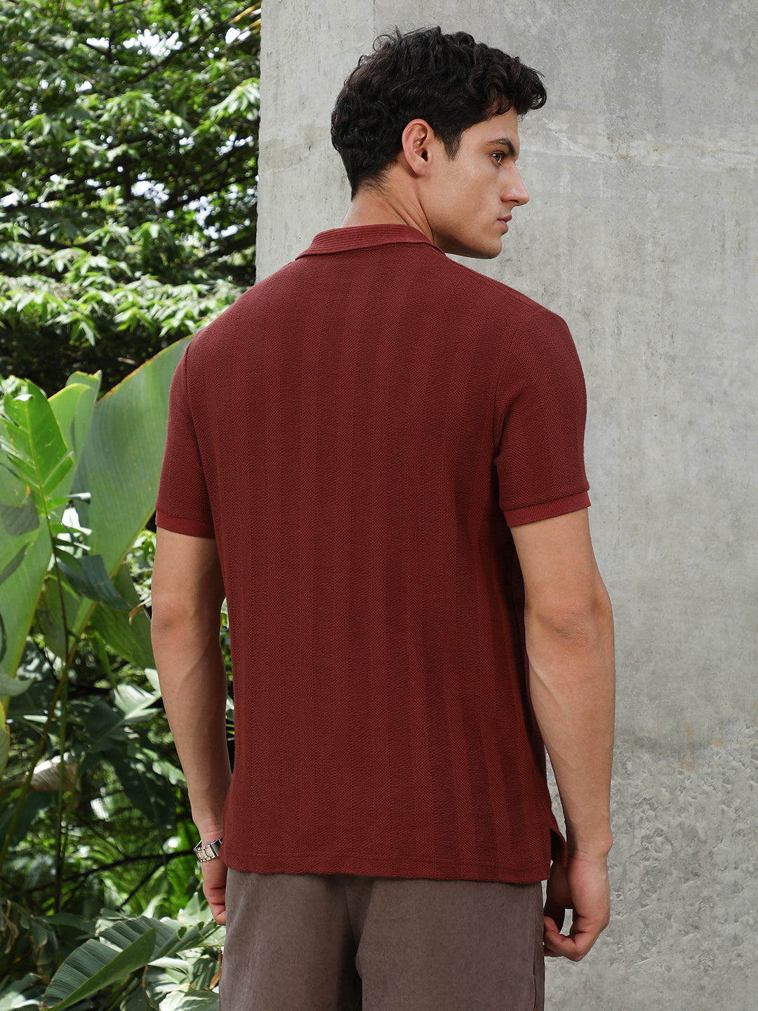 Rust Red Candy Stripe-Knitted Polo T-Shirt
