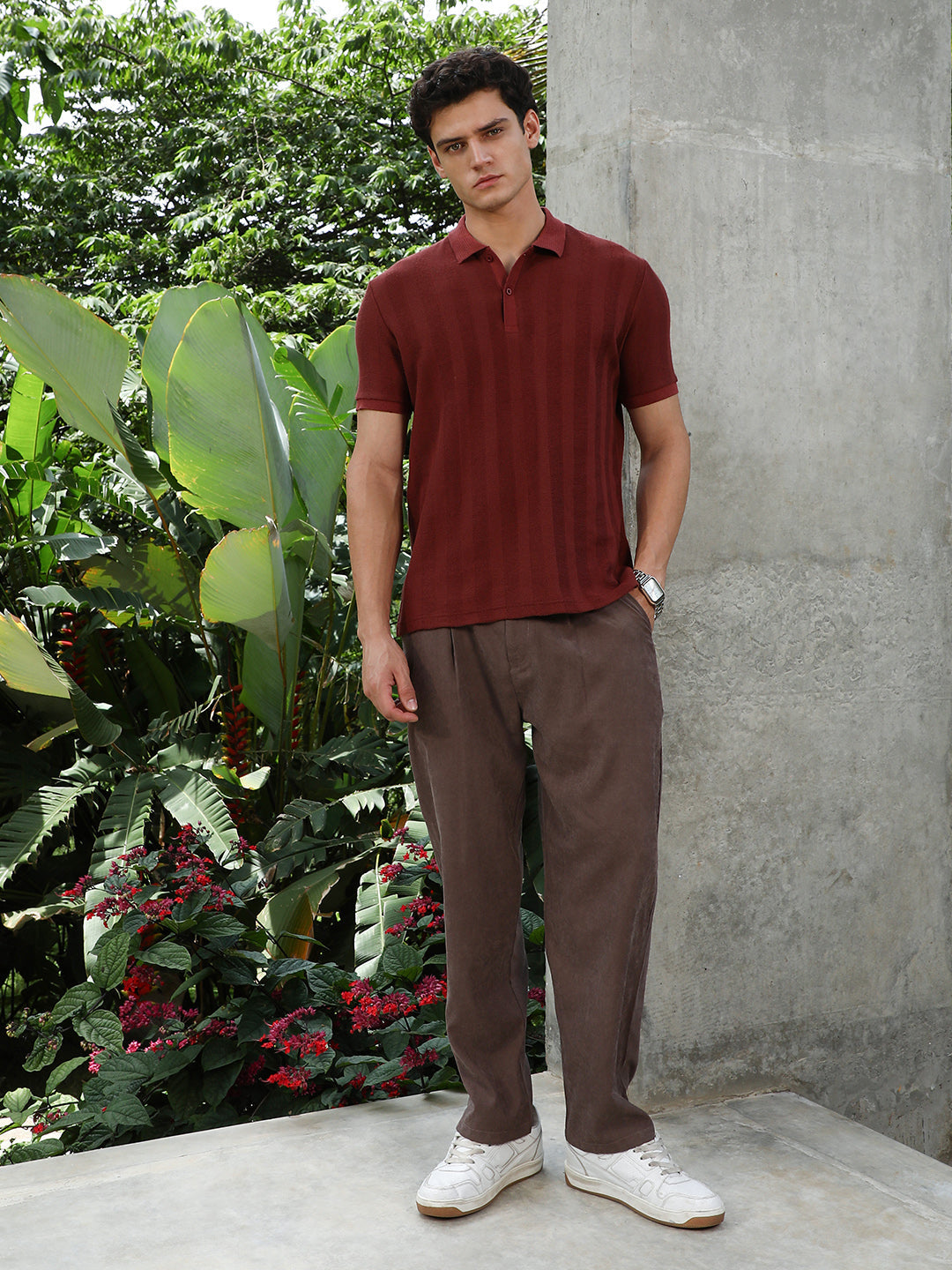 Rust Red Candy Stripe-Knitted Polo T-Shirt