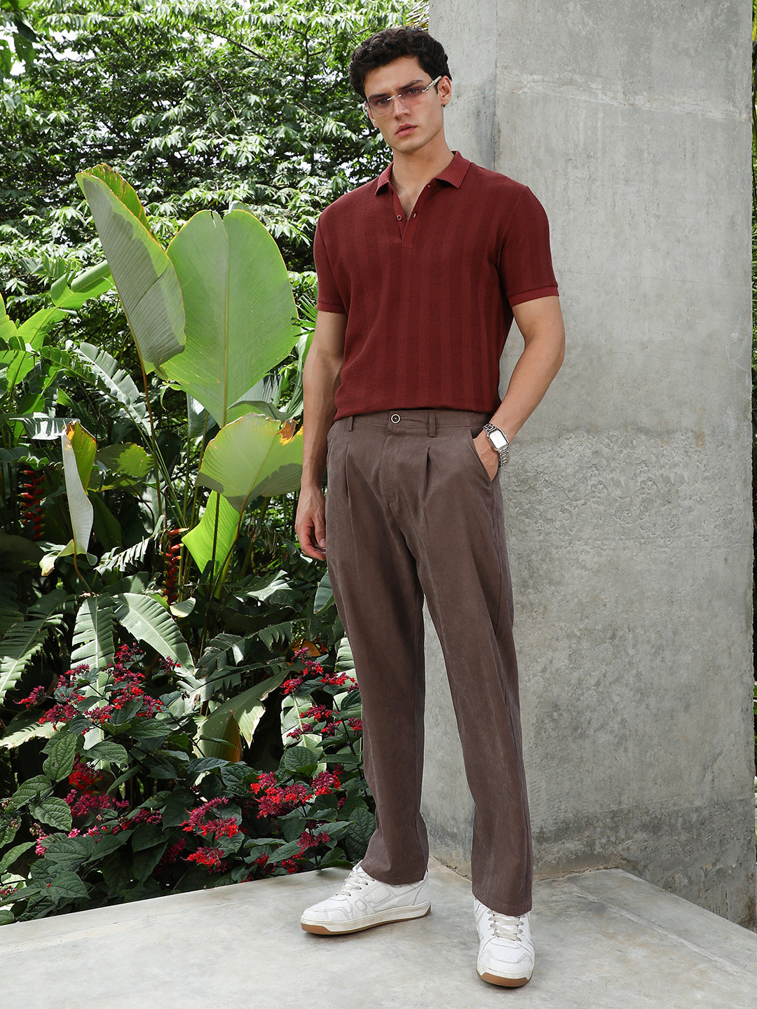 Rust Red Candy Stripe-Knitted Polo T-Shirt