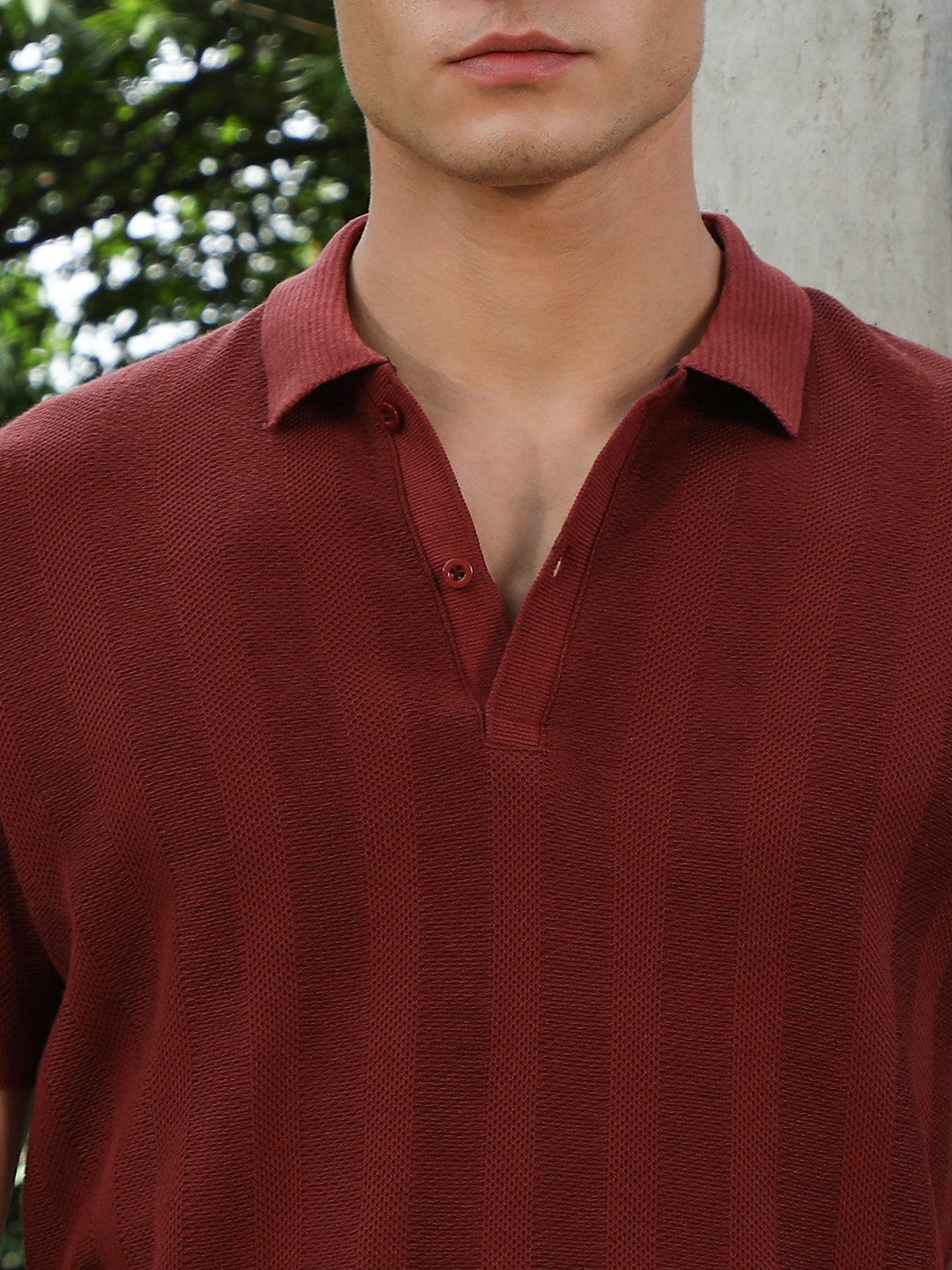 Rust Red Candy Stripe-Knitted Polo T-Shirt