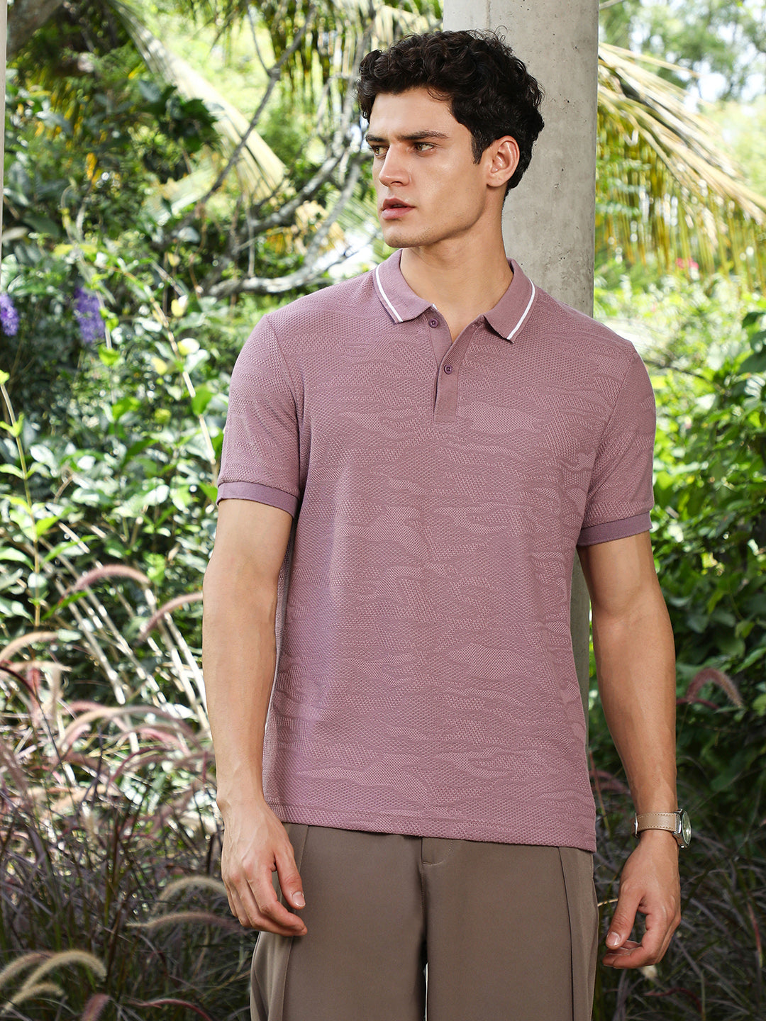 Mauve Purple Abstract-Tactile Knit Polo T-Shirt