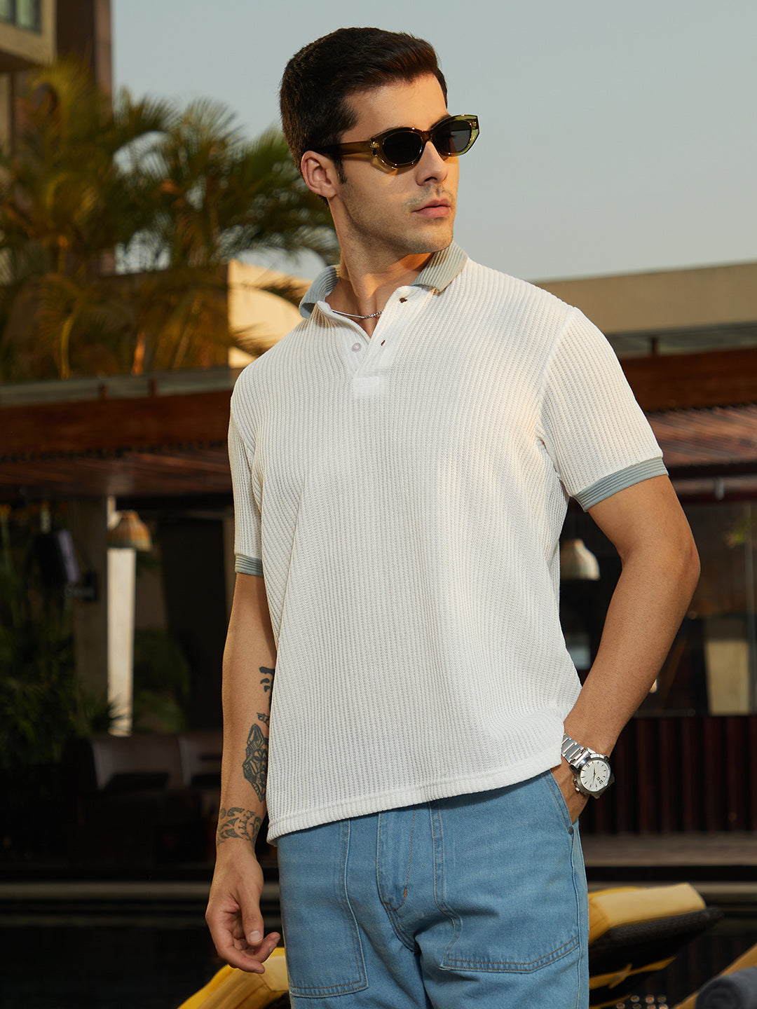 Contrast Ribbed Polo T-Shirt