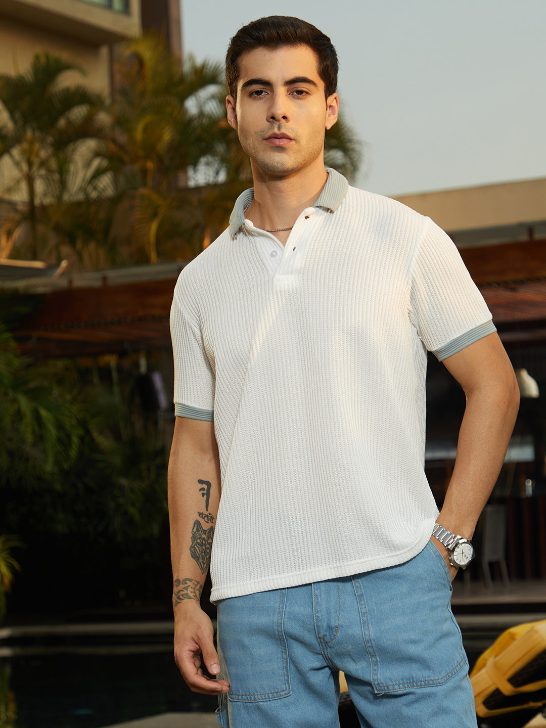 Contrast Ribbed Polo T-Shirt