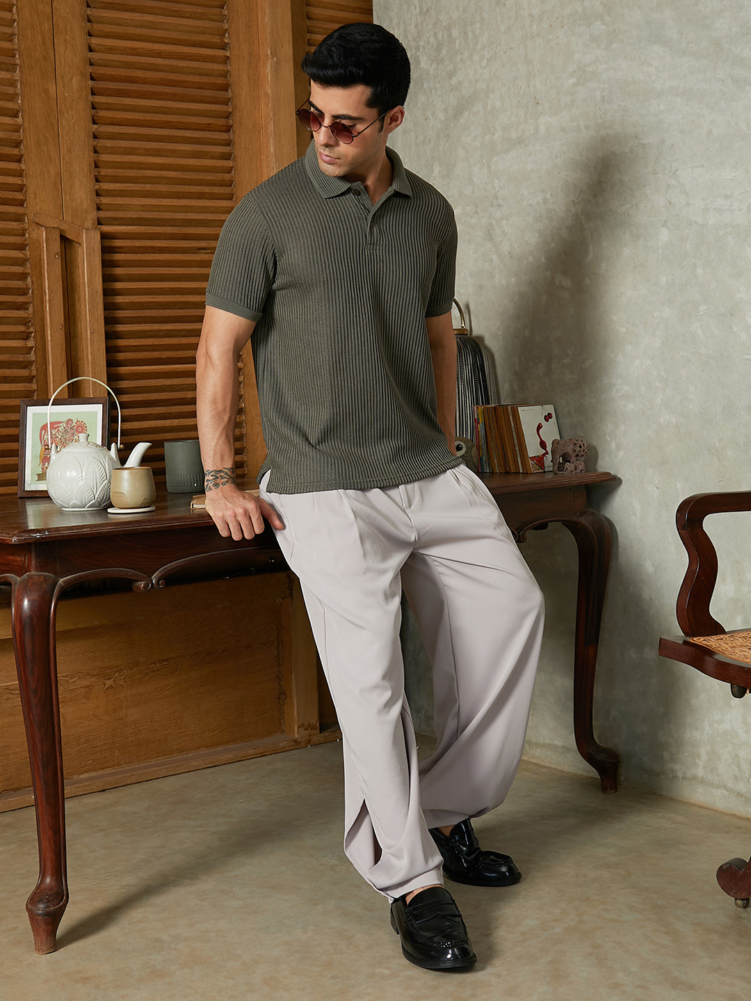 Solid Ribbed Polo T-Shirt