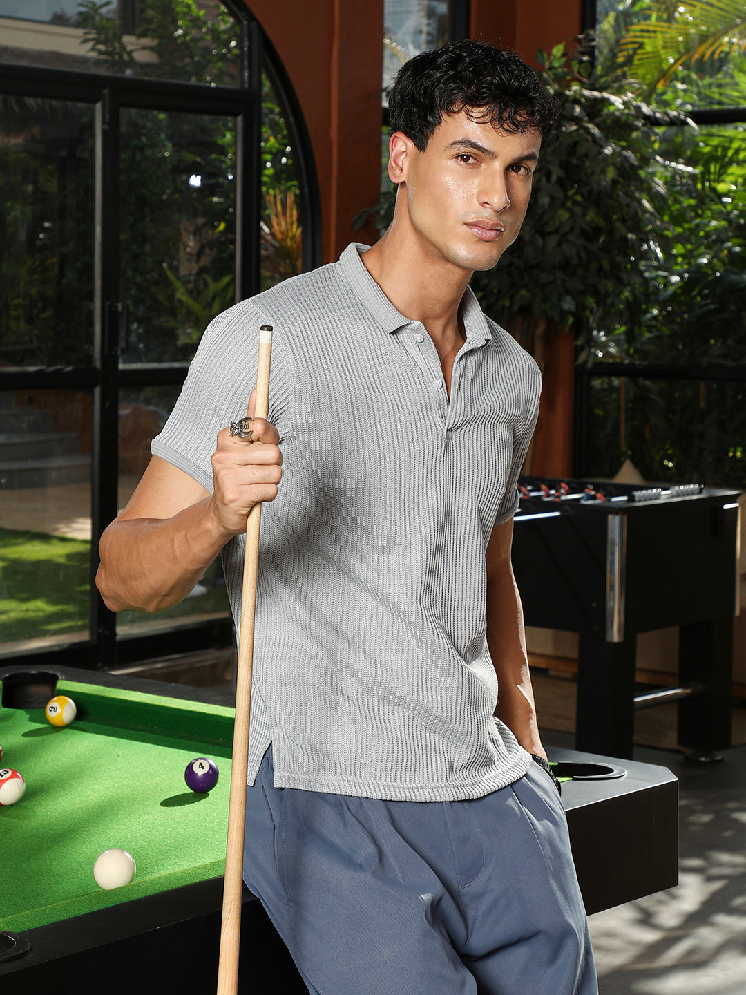 Solid Ribbed Polo T-Shirt