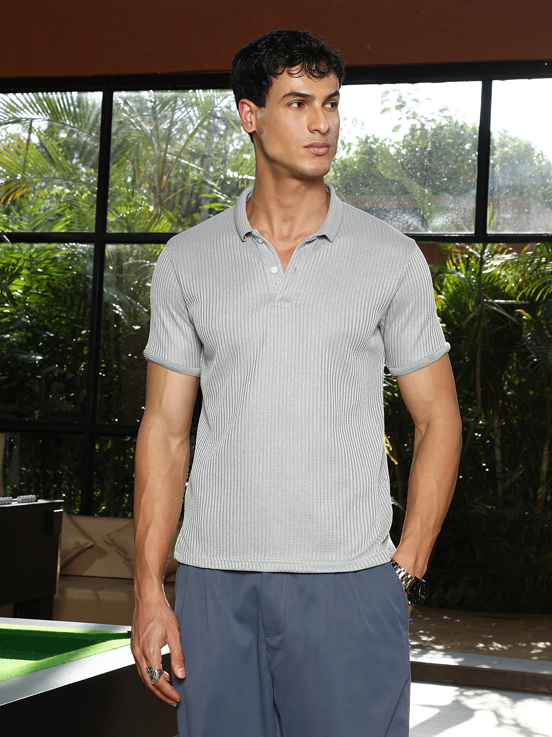 Solid Ribbed Polo T-Shirt