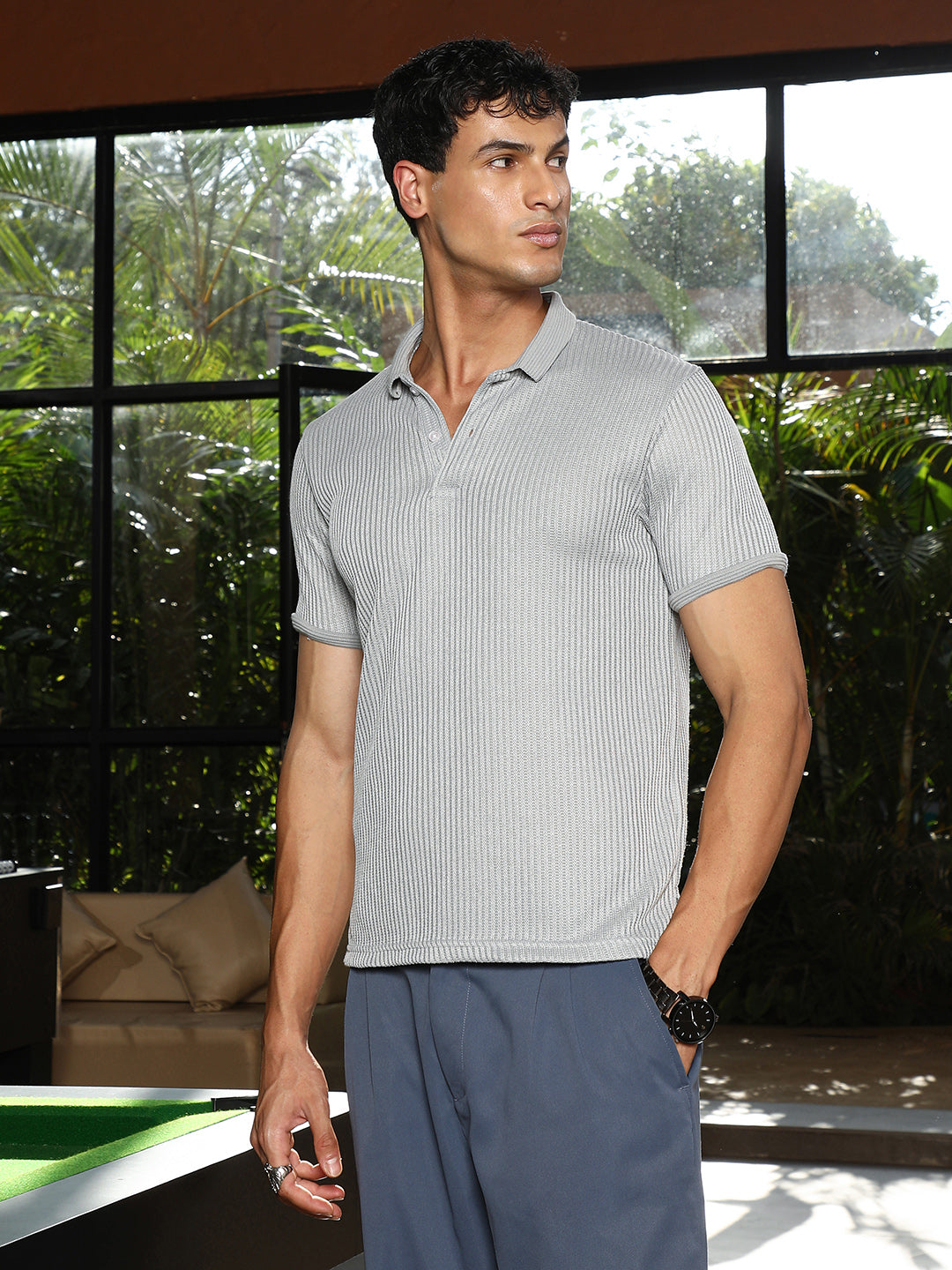 Solid Ribbed Polo T-Shirt