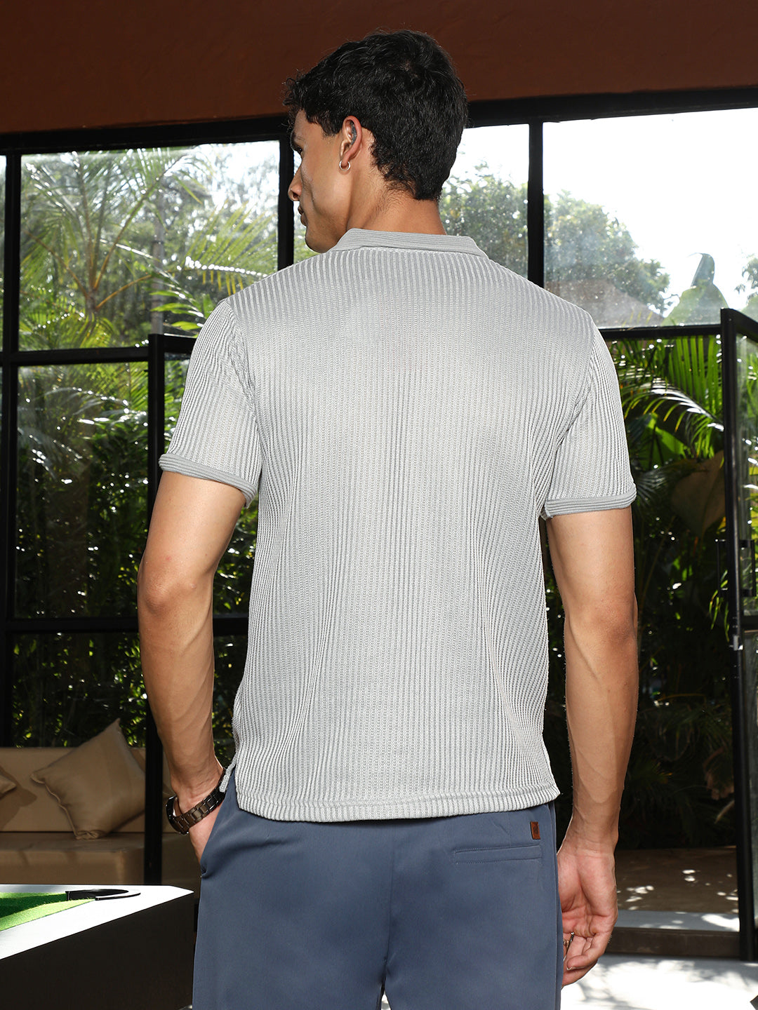 Solid Ribbed Polo T-Shirt