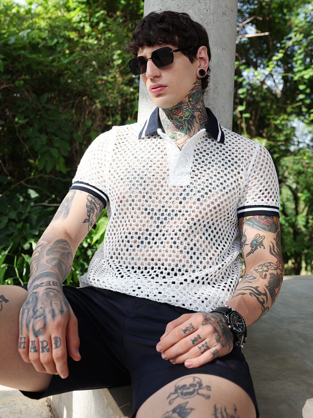 Open-Knit Block Polo T-Shirt