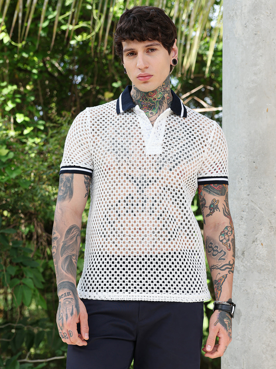 Open-Knit Block Polo T-Shirt