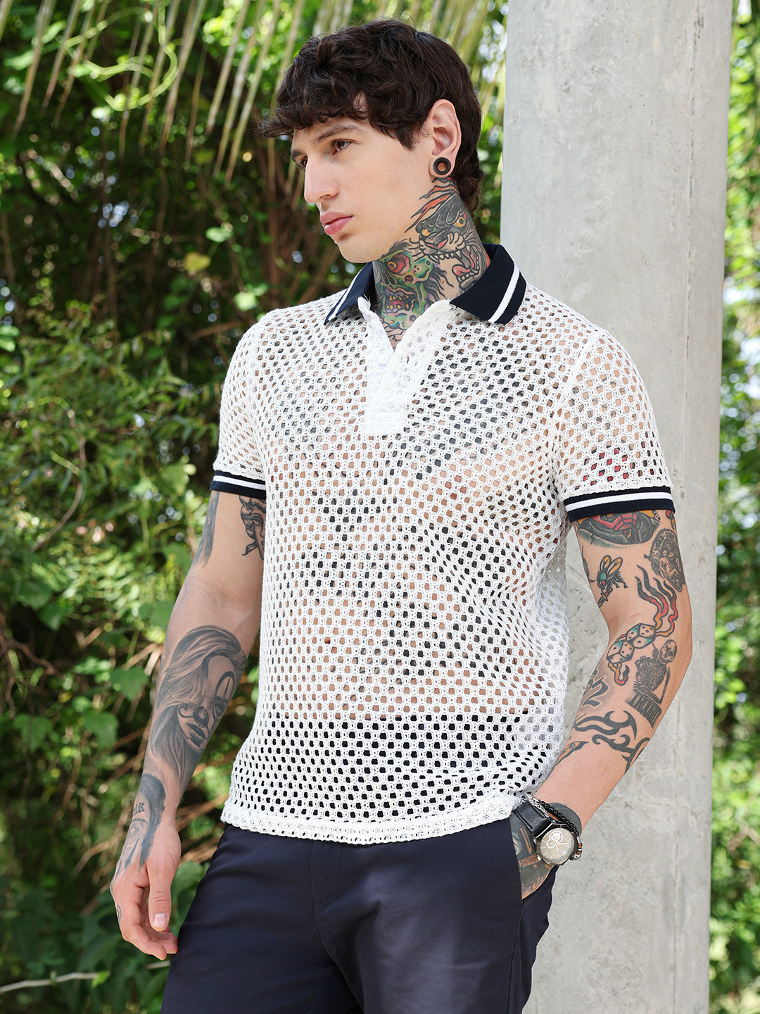 Open-Knit Block Polo T-Shirt