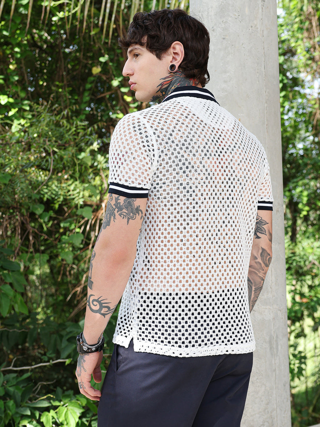 Open-Knit Block Polo T-Shirt