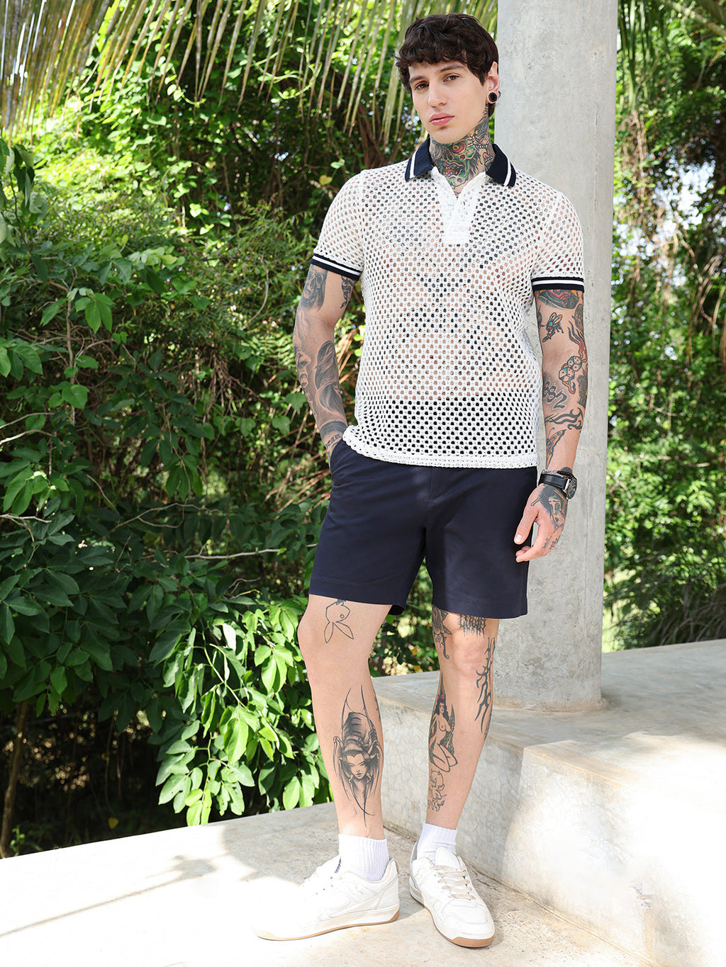 Open-Knit Block Polo T-Shirt