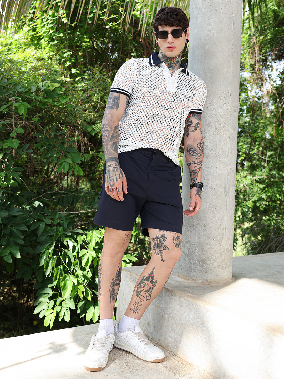 Open-Knit Block Polo T-Shirt