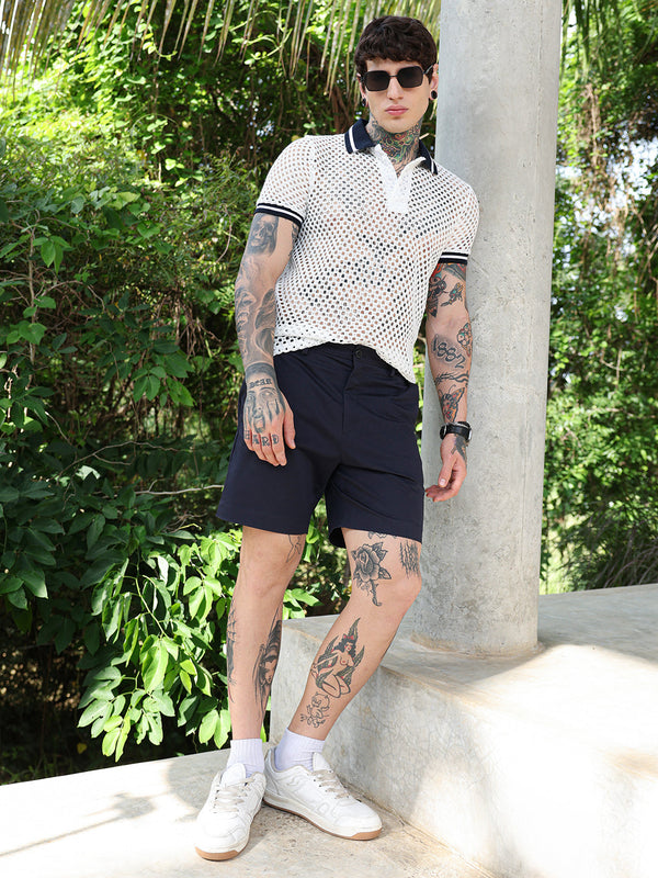 Open-Knit Block Polo T-Shirt