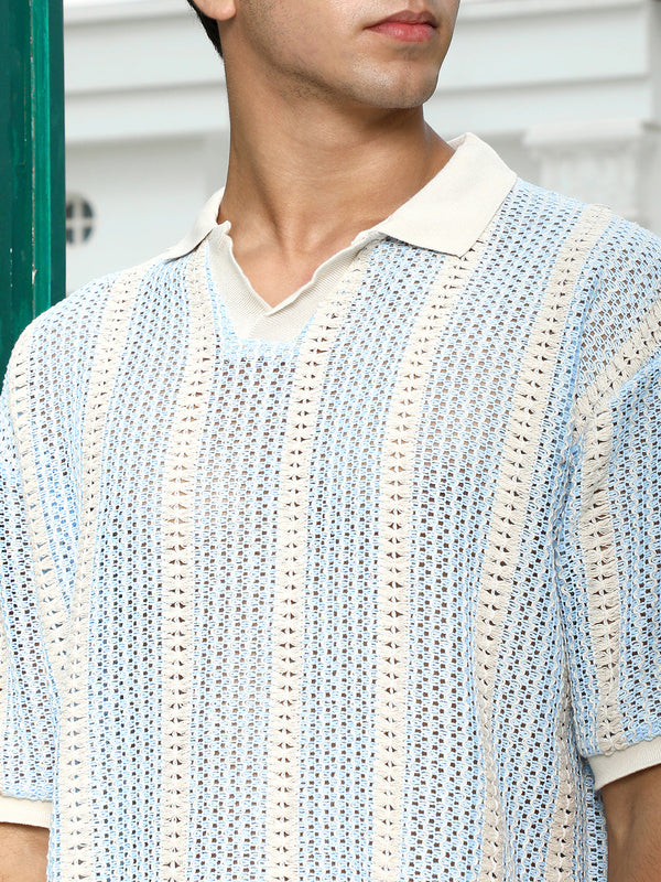 Striped Crochet Polo T-Shirt
