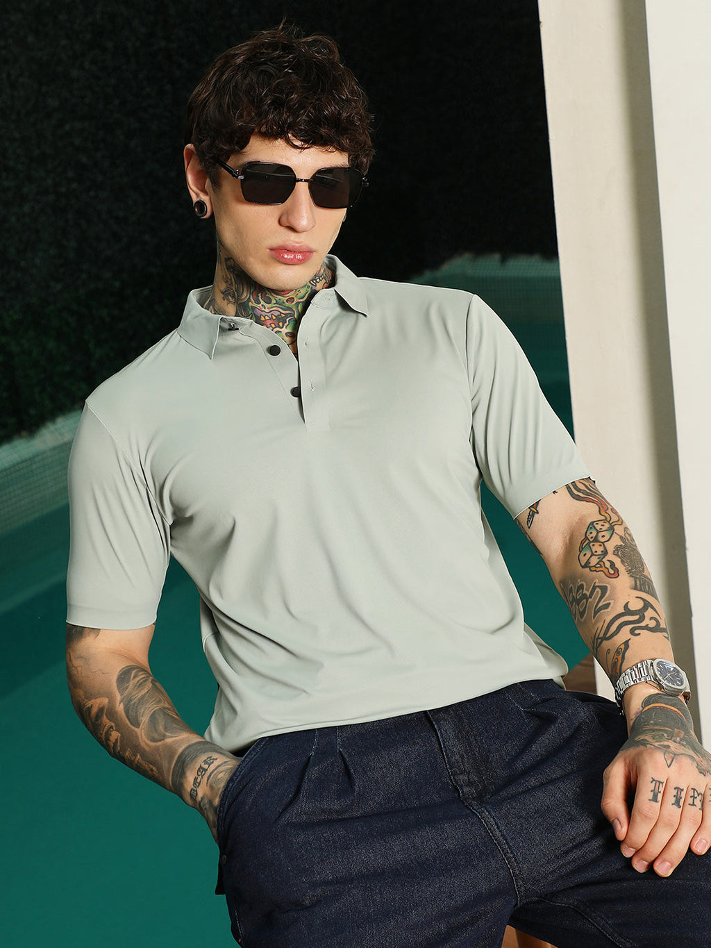 Light Green Slim Fit Polo T-Shirt with Breathable Poly-Spandex Blend