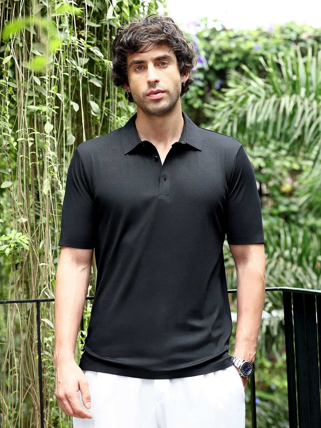 ₹899 | Campus Sutra Men's Onyx Black Seamless Ribbed Polo T-Shirt