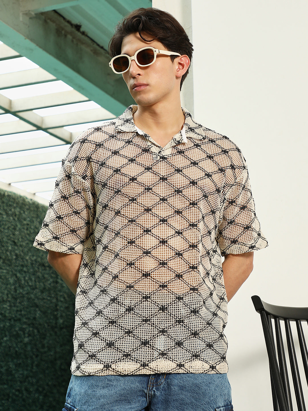 Geometric Pattern Polo Collar Cotton T-Shirt