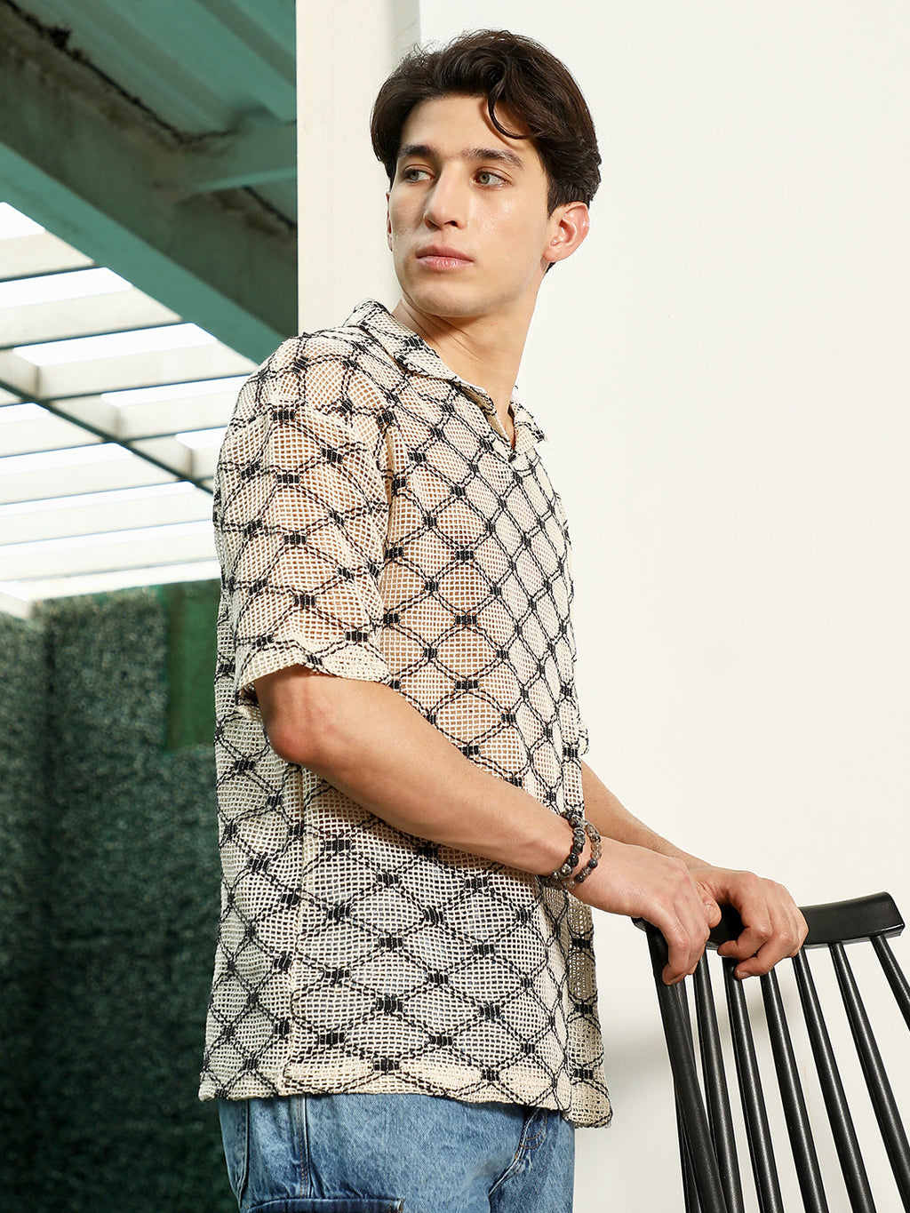 Geometric Pattern Polo Collar Cotton T-Shirt