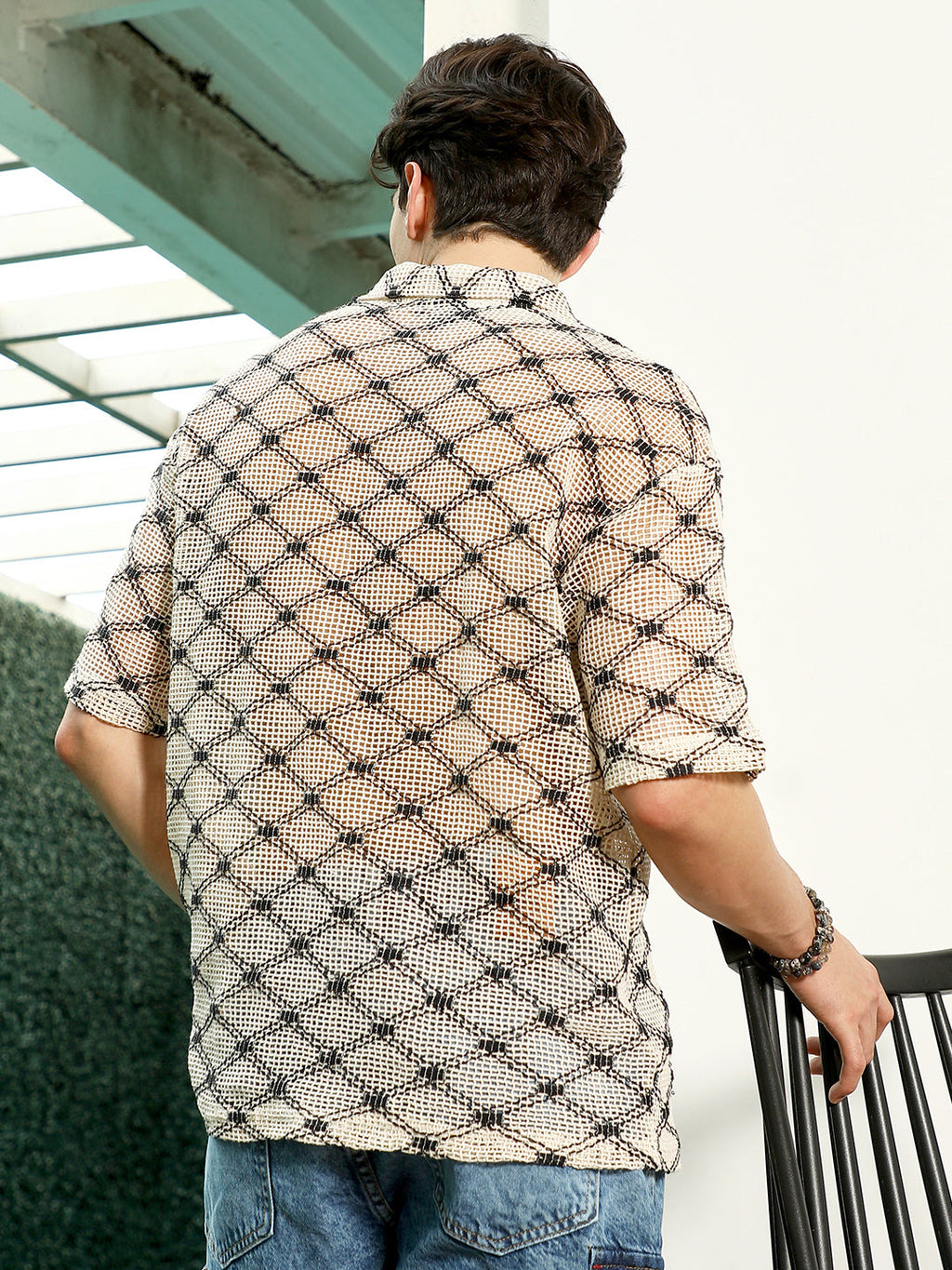 Geometric Pattern Polo Collar Cotton T-Shirt