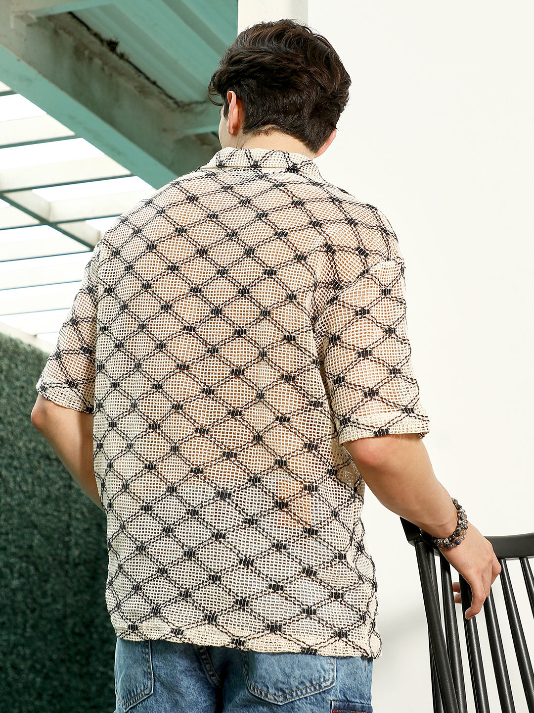 Geometric Pattern Polo Collar Cotton T-Shirt