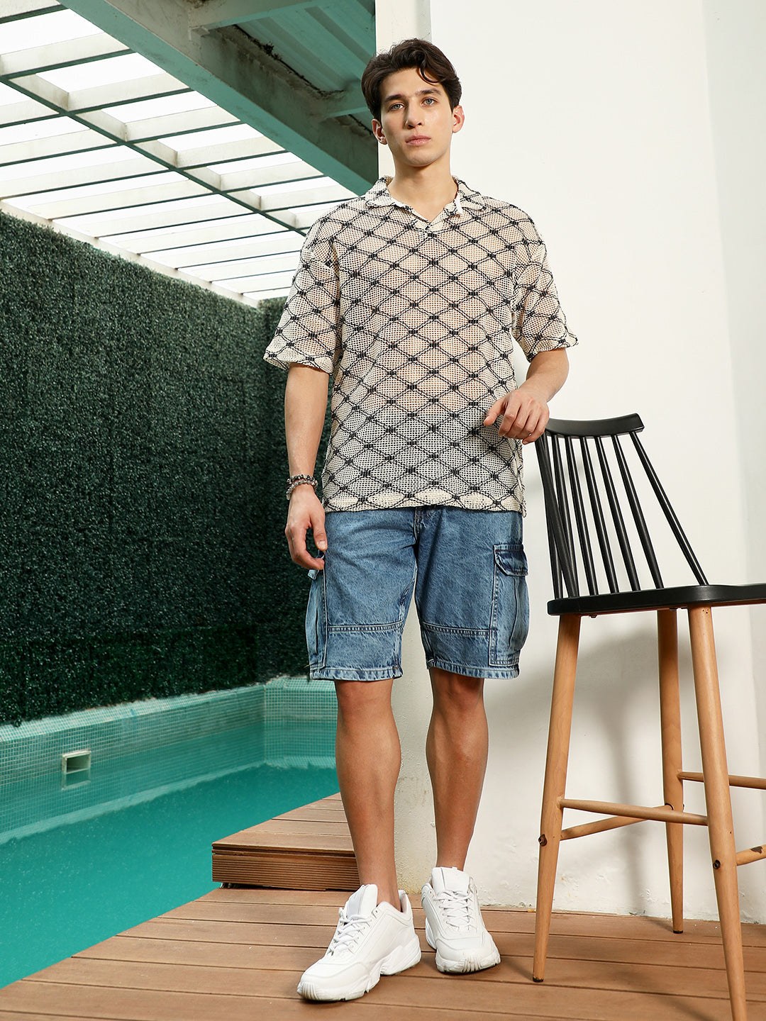 Geometric Pattern Polo Collar Cotton T-Shirt