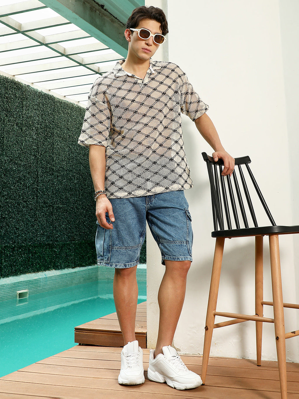 Geometric Pattern Polo Collar Cotton T-Shirt