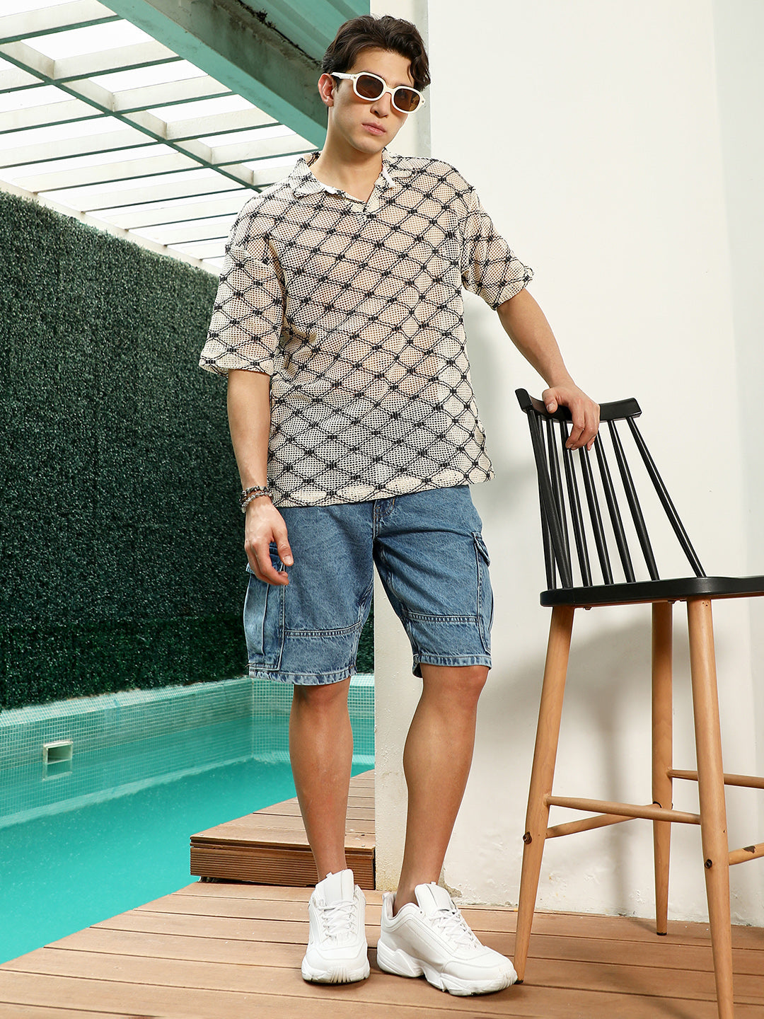 Geometric Pattern Polo Collar Cotton T-Shirt