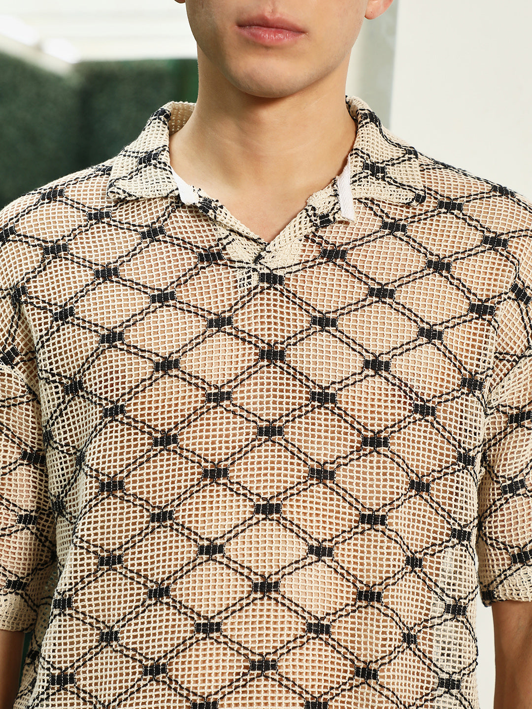 Geometric Pattern Polo Collar Cotton T-Shirt