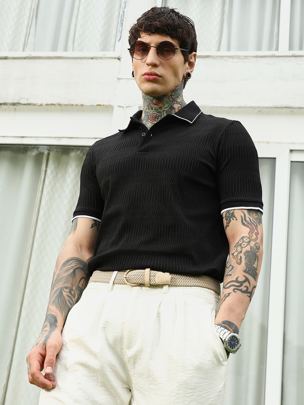 Textured Black Polo T-Shirt with Contrast Trim