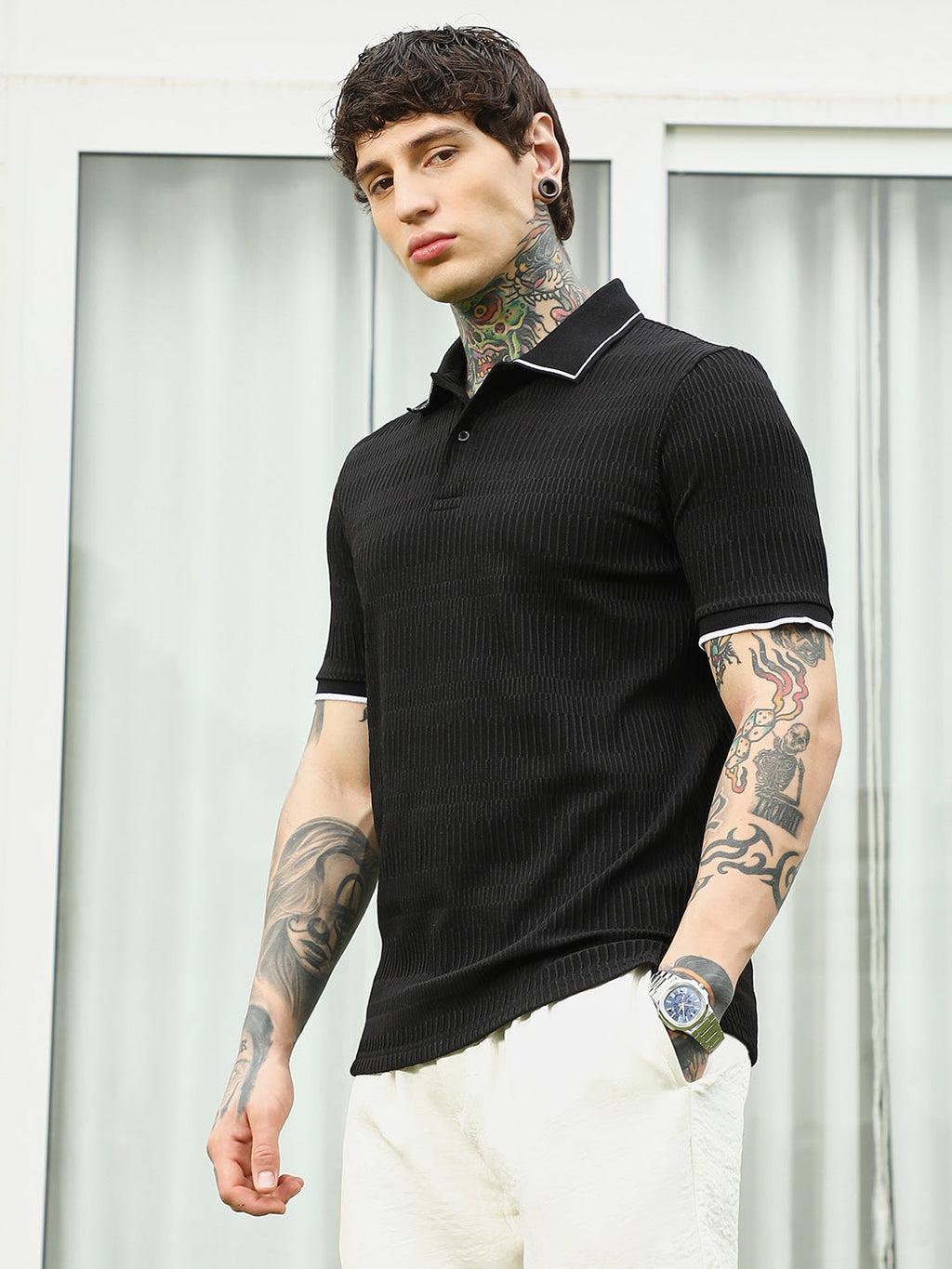 Textured Black Polo T-Shirt with Contrast Trim