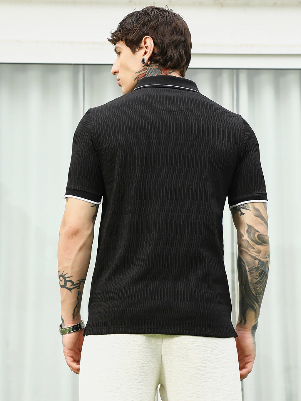 Textured Black Polo T-Shirt with Contrast Trim