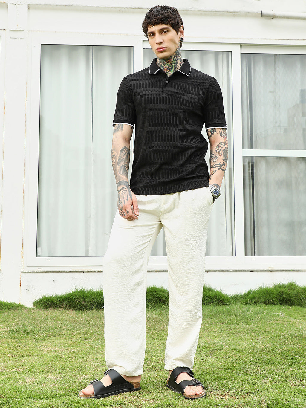Textured Black Polo T-Shirt with Contrast Trim