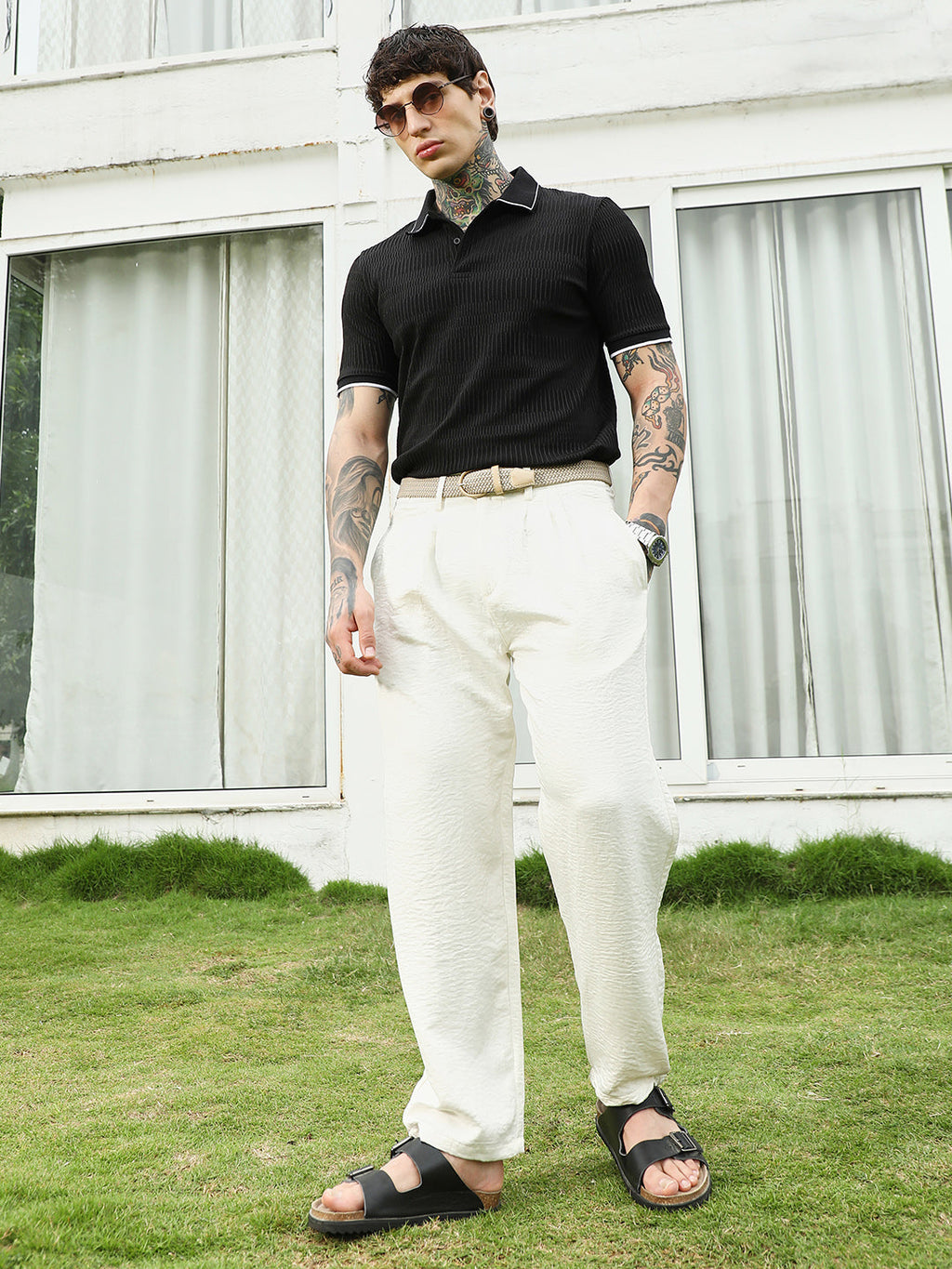 Textured Black Polo T-Shirt with Contrast Trim