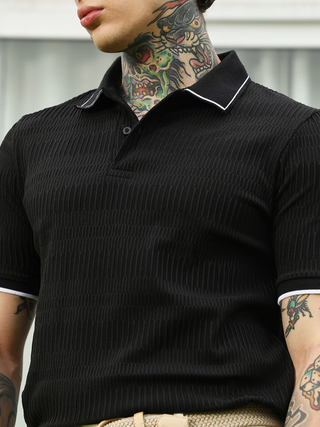 Textured Black Polo T-Shirt with Contrast Trim