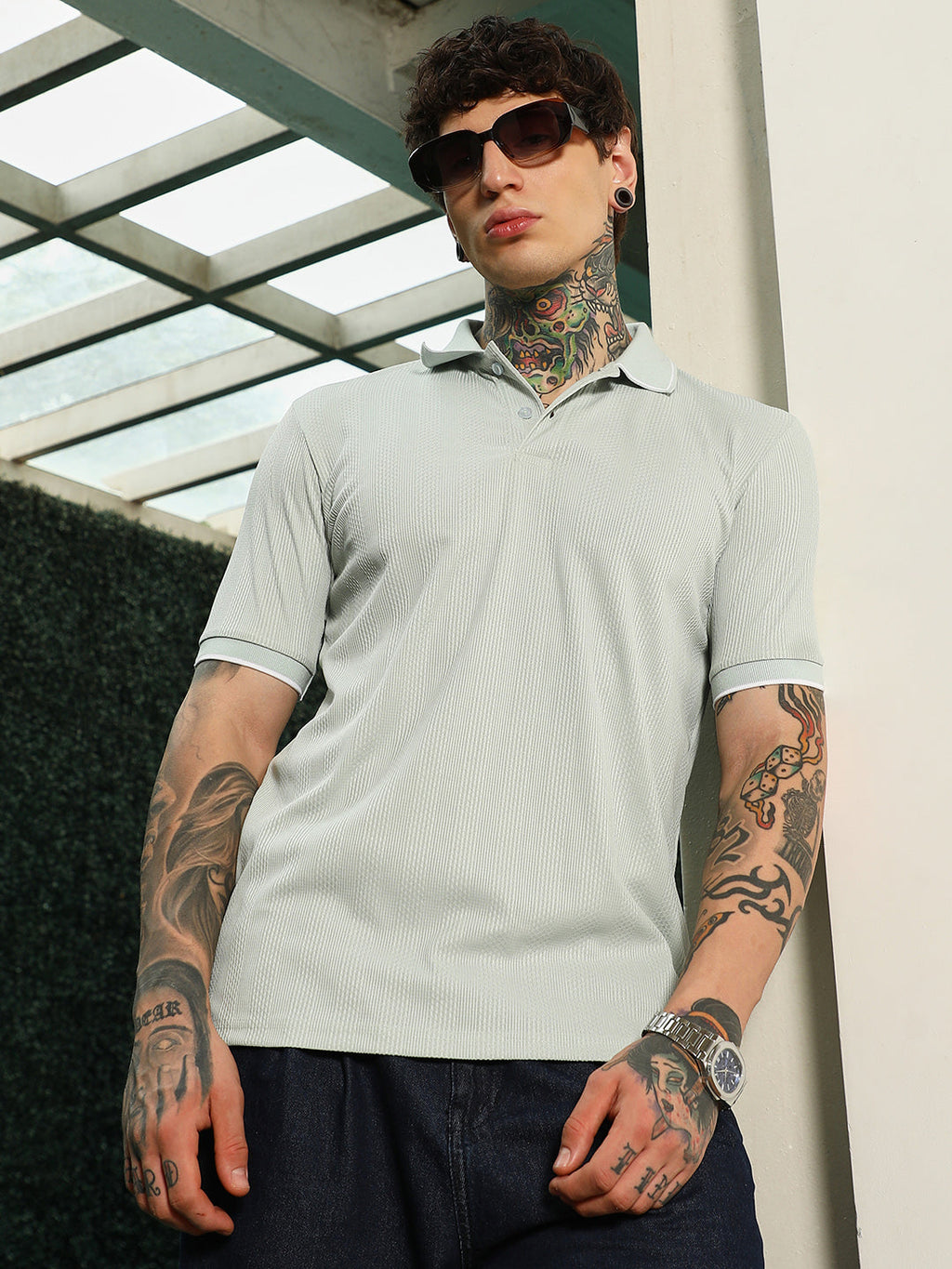 Light Green Textured Polo T-Shirt - Slim Fit, Breathable Poly-Spandex Blend