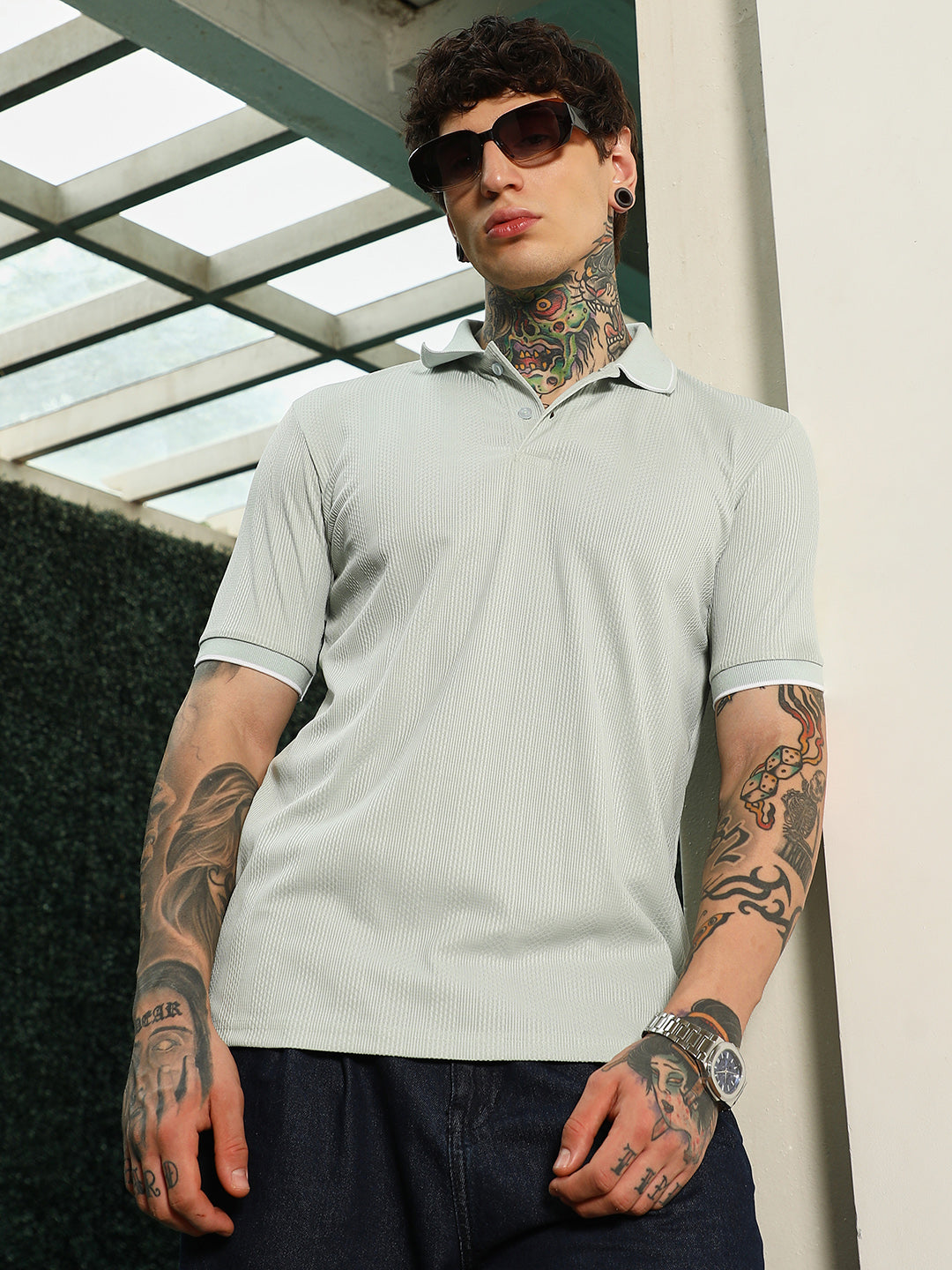 Light Green Textured Polo T-Shirt - Slim Fit, Breathable Poly-Spandex Blend