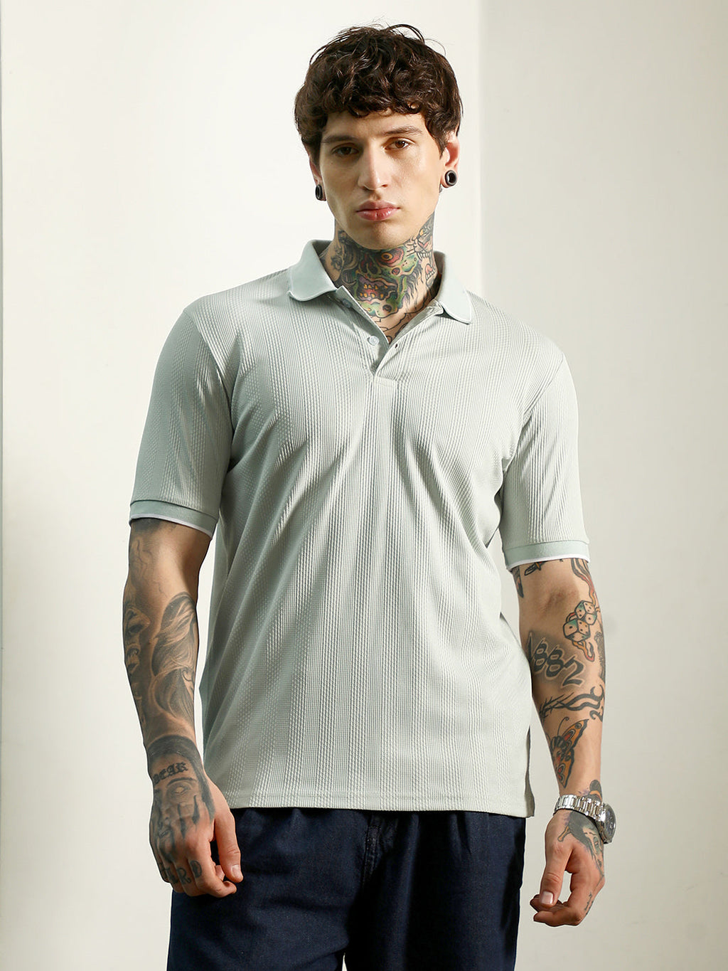 Light Green Textured Polo T-Shirt - Slim Fit, Breathable Poly-Spandex Blend