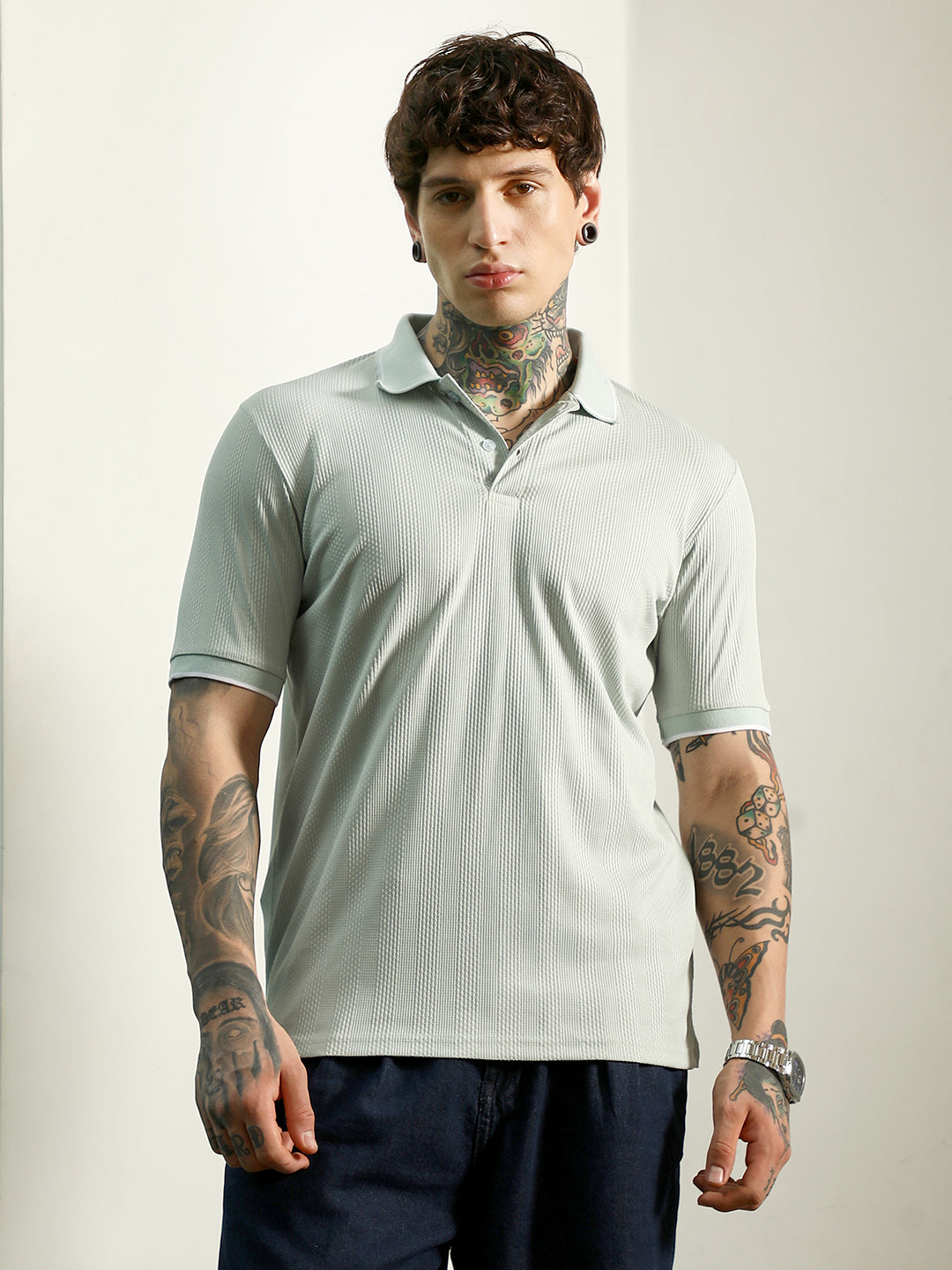 Light Green Textured Polo T-Shirt - Slim Fit, Breathable Poly-Spandex Blend