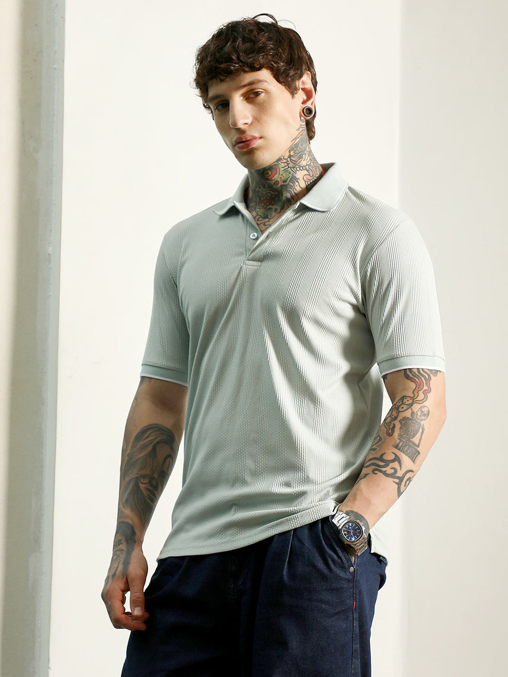 Light Green Textured Polo T-Shirt - Slim Fit, Breathable Poly-Spandex Blend